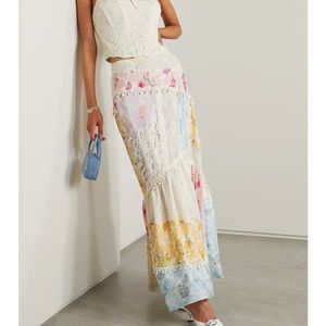 LOVESHACKFANCY
Obelia patchwork lace and printed silk crepe de chine maxi skirt